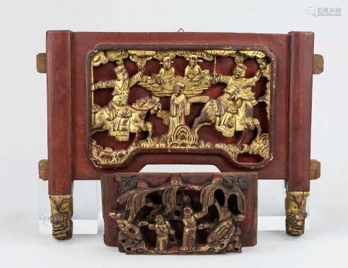 2x China carving, China, 20th c., red lacquer over wood with...