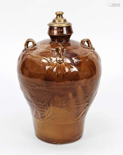 Caramel oil pot, China, probably early 20th c., brown glazed...