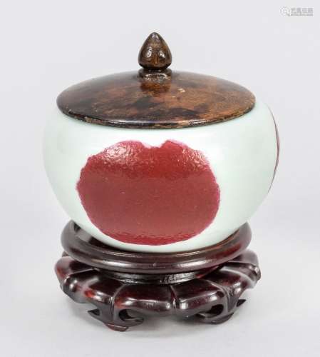 Sea green incense burner with copper red cherry spots, China...