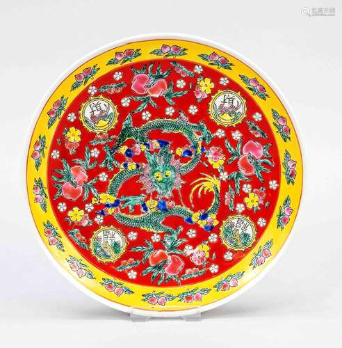 Retro dragon plate, China, mid-century, yellow-red plate wit...