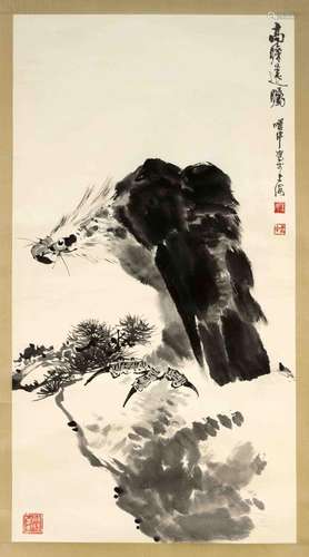 Chinese master 20th c.: ''Ink eagle on bare rock'', ink on p...