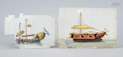 Two rare pith paintings depicting ships, China, Qing dynasty...