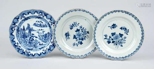 3 plates, China, 19th c., porcelain with landscape/floral, b...