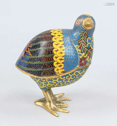 Cloisonné quail box, China, c. 1900, cellular enamel on bras...