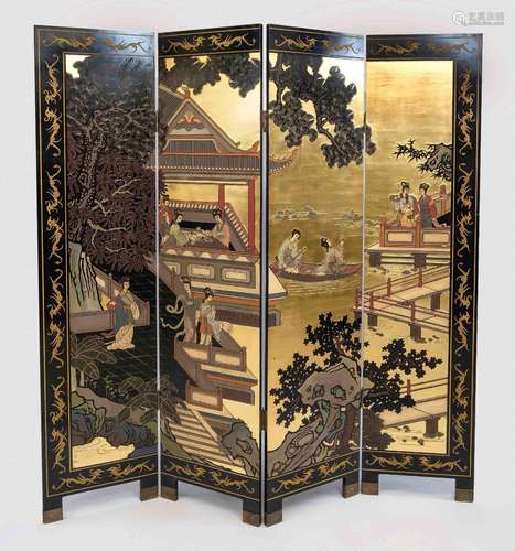 Four-piece folding screen, China, 20th century, black lacque...