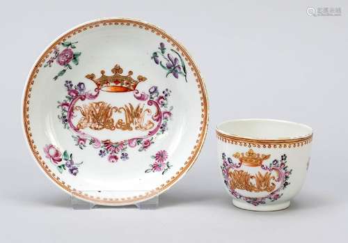 Royal monogram export cup and saucer famille rose, China, mi...