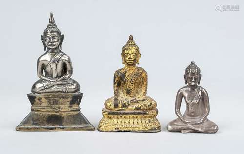 3xBuddha Shakyamuni, Thailand, 19th c., silver tested and br...