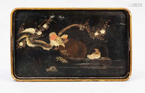 Mandarin duck tray, Japan, early 20th century, black lacquer...
