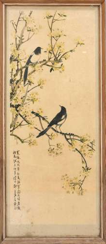 Magpie painting, China, dated 1958, art print framed behind ...