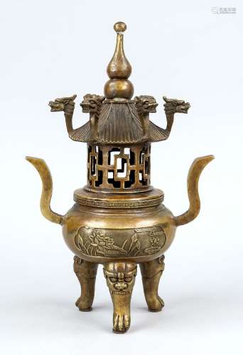 Tripod incense burner model ''Pagoda'', China, 20th c., yell...