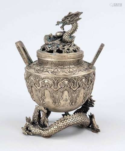 Dragon burner, China, 21st c., white metal patinated, with p...