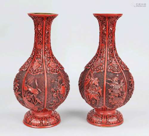 Pair of red lacquer vases, China, 19th/20th century, brass b...
