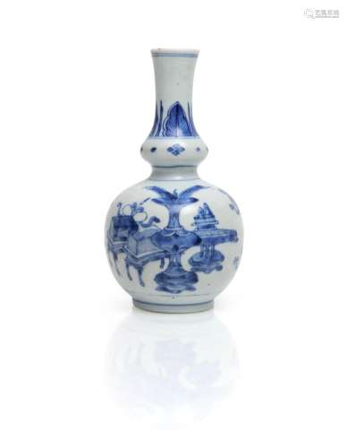 Vase double gourde à long col en porcelaine à décor bleu bla...