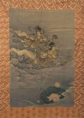 JAPON<br />
Tenture peinte figurant deux divinités dans les ...