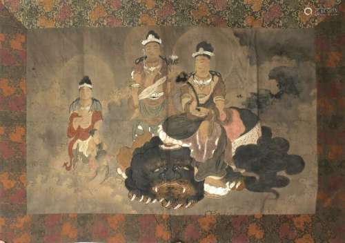 JAPON<br />
Tenture peinte figurant Avalokitesvara assise su...