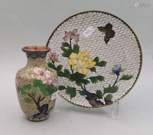 CLOISINNE PLATE AND CLOISONNE VASE