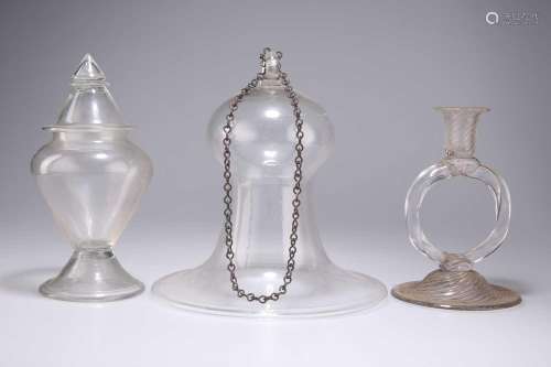 A 19TH CENTURY GLASS SMOKE BELL, A GLASS WRYTHEN CANDLESTICK...