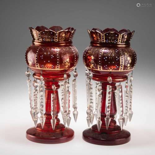 A NEAR PAIR OF 19TH CENTURY RUBY GLASS LUSTRES