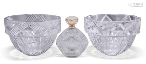TWO ORREFORS CLEAR GLASS BOWLS, AND A LALIQUE GLASS PERFUME ...