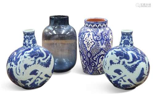A MOROCCAN POTTERY VASE, A PAIR OF MODERN \'CHINESE\' VASES,...
