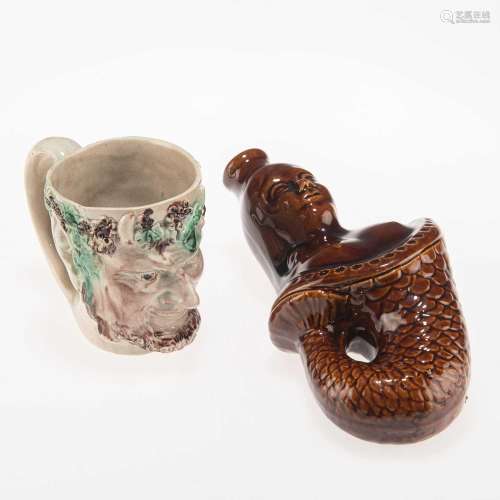 AN EARLY 19TH CENTURY PEARLWARE BACCHUS MASK MUG, AND LATE 1...
