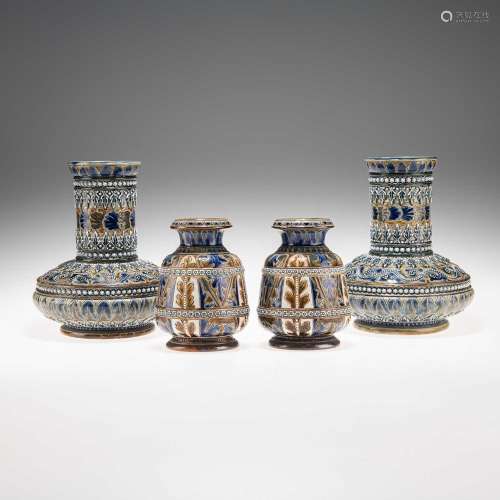 TWO PAIRS OF LATE 19TH CENTURY DOULTON LAMBETH STONEWARE VAS...