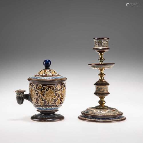 A LATE 19TH CENTURY DOULTON LAMBETH ISOBATH INKWELL, AND A F...