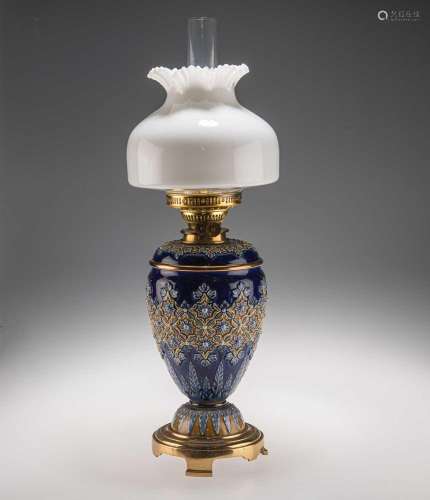 A LATE 19TH CENTURY DOULTON LAMBETH STONEWARE OIL LAMP