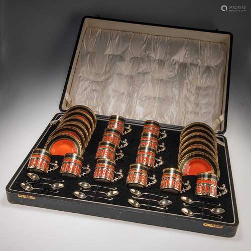 A CASED SET OF TWELVE ROYAL WORCESTER SILVER-GILT MOUNTED CO...