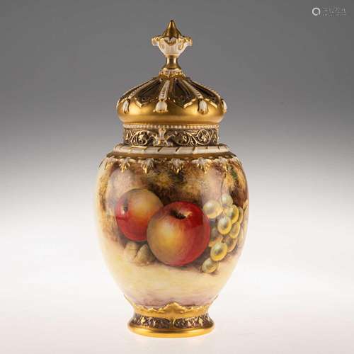 A ROYAL WORCESTER FRUIT PAINTED POT POURRI VASE