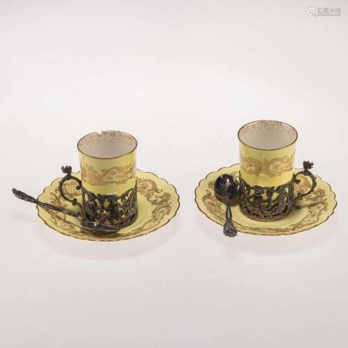 A PAIR OF ROYAL WORCESTER SILVER MOUNTED COFFEE CANS, WITH A...