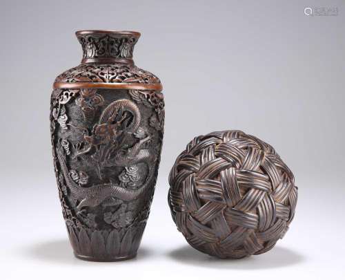 A CHINESE BROCADE BALL, AND A CHINESE FAUX LACQUER VASE