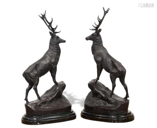 AFTER MOIGNIEZ, A LARGE PAIR OF BRONZE STAGS