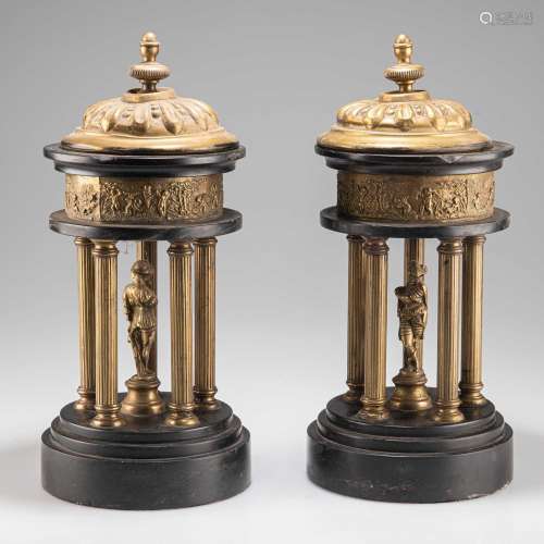 A PAIR OF 19TH CENTURY CONTINENTAL BLACK MARBLE AND GILT-BRA...