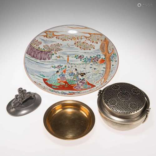 JUST ANDERSEN, A DANISH BRONZE DISH AND A PEWTER GROUP