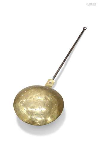 A LATE 17TH CENTURY BRASS AND IRON WARMING PAN