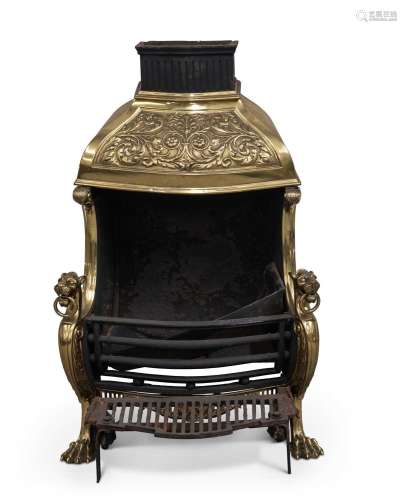 A HANDSOME BRASS-HOODED CAST IRON FIRE BASKET