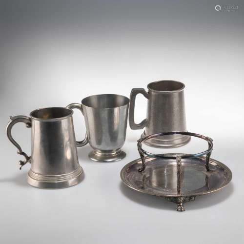 THREE VARIOUS PEWTER TANKARDS, AND A SILVER PLATED DISH STAN...