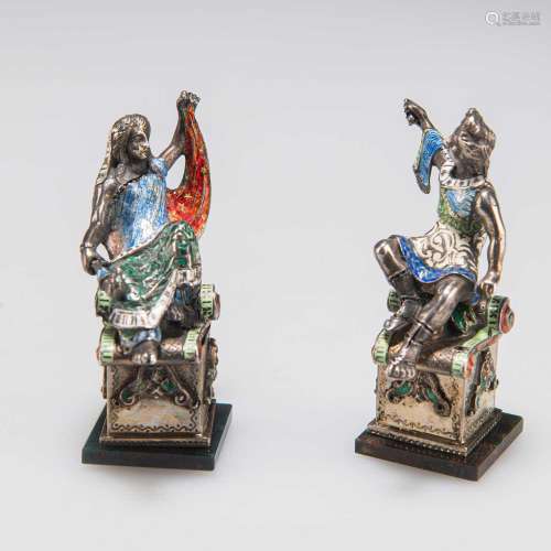 A PAIR OF CONTINENTAL SILVER AND ENAMEL FIGURES, 19TH CENTUR...