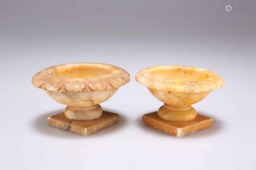 A NEAR PAIR OF 19TH CENTURY ALABASTER MINIATURE BIRD BATHS