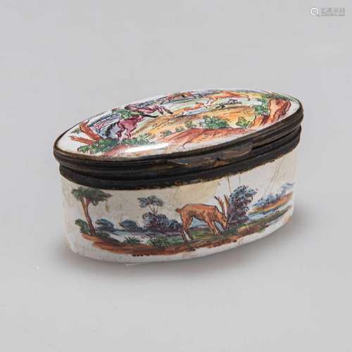 AN 18TH CENTURY ENAMEL NAVETTE-SHAPED PATCH BOX