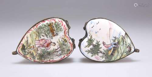 TWO SIMILAR LATE 18TH CENTURY HEART-SHAPED FAÏENCE SNUFF BOX...