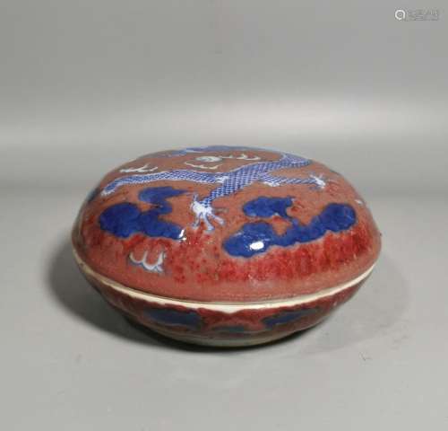 Printed box with red dragon pattern in blue and white glaze