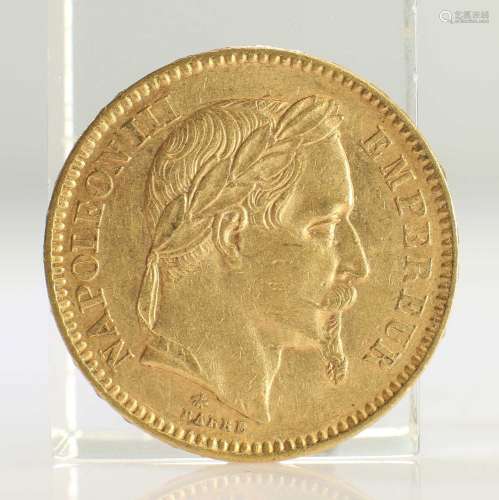 1862 FRENCH GOLD COIN, 20 FRANCS - NAPOLEON III LAUREATE HEA...