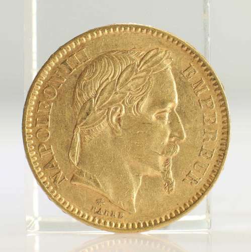 1862 FRENCH GOLD COIN, 20 FRANCS - NAPOLEON III LAUREATE HEA...