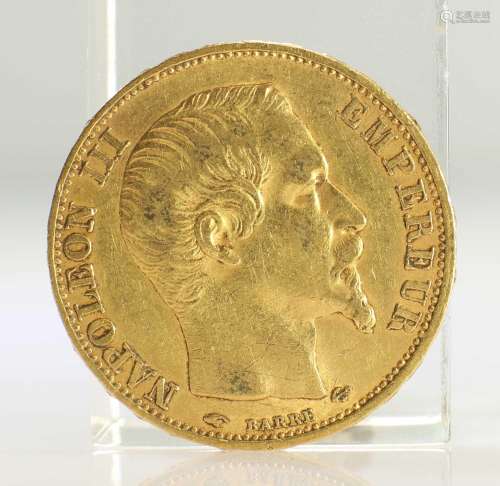1858 FRENCH GOLD COIN, 20 FRANCS - NAPOLEON III BARE HEAD