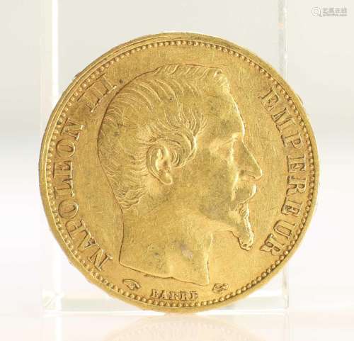 1860 FRENCH GOLD COIN, 20 FRANCS - NAPOLEON III BARE HEAD