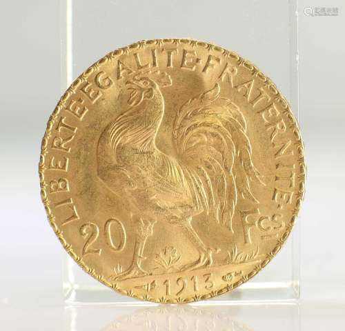 1913 FRENCH GOLD COIN, 20 FRANCS - MARIANNE ROOSTER