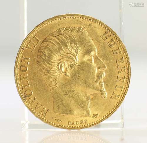 1858 FRENCH GOLD COIN, 20 FRANCS - NAPOLEON III BARE HEAD