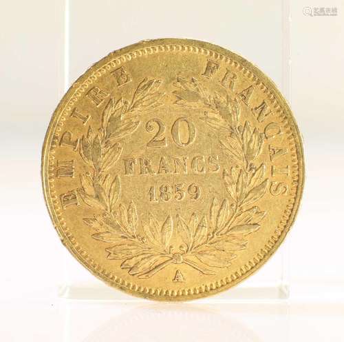 1859 FRENCH GOLD COIN, 20 FRANCS - NAPOLEON III BARE HEAD